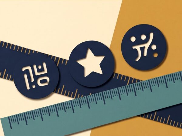 서로 다른 눈금자 위 문자 모양과 별 모양을 배치한 문자열 길이 개념 삽화