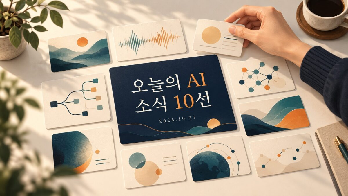 AI 소식10선이라는 한글 제목과 음성·개발·데이터 카드를 책상 위에 배치한 일러스트
