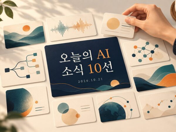 AI 소식10선이라는 한글 제목과 음성·개발·데이터 카드를 책상 위에 배치한 일러스트